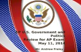 AP U.S. Government and Politics Review for AP Exam May 11, 2014 Mr. Andrew Fraley 1.