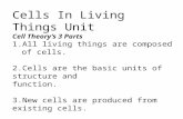 Cells In Living Things Unit Cell Theory’s 3 Parts 1.All living things are composed of cells. 2.Cells are the basic units of structure and function. 3.New.