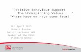 Positive Behaviour Support The Underpinning Values “Where have we have come from?” 18 th April 2013 Robert Pardoe Senior Lecturer UWE Member of the PBSN.