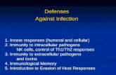 Defenses Against Infection 1. Innate responses (humoral and cellular) 2. Immunity to intracellular pathogens NK cells, control of Th1/Th2 responses 3.