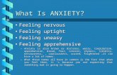 What Is ANXIETY? FeelingFeeling nervous uptight uneasy apprehensive –Anxiety –Anxiety is also known as distress, worry, trepidation, apprehension, dread,