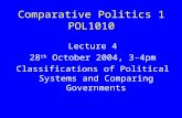 Comparative Politics 1 POL1010 Lecture 4 28 th October 2004, 3-4pm Classifications of Political Systems and Comparing Governments.