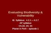Evaluating Biodiversity & Vulnerability IB Syllabus: 4.2.1 – 4.2.7 AP syllabus Ch.22, 23, 24 Planet in Peril – episode 1.