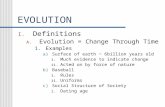 EVOLUTION I. Definitions A. Evolution = Change Through Time 1. Examples a) Surface of earth ~ 6billion years old i. Much evidence to indicate change ii.