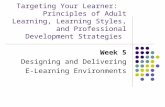 Targeting Your Learner: Principles of Adult Learning, Learning Styles, and Professional Development Strategies Week 5 Designing and Delivering E-Learning.