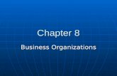 Chapter 8 Business Organizations Types of Organizations Business Organization – establishment formed to carry on commercial enterprise Business Organization.