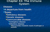 Chapter 43: The Immune System Disease A departure from health A departure from health Types: Types: Deficiency diseases Deficiency diseases Genetic diseases.