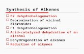 Synthesis of Alkenes  E2 dehydrohalogenation  Debromination of vicinal dibromides  E1 dehydrohalogenation  Acid-catalyzed dehydration of an alcohol.