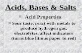 Acids, Bases & Salts n Acid Properties : n Sour taste, react with metals to produce hydrogen gas, electrolytes, affect indicators (turns blue litmus paper.