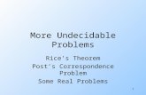 1 More Undecidable Problems Rice’s Theorem Post’s Correspondence Problem Some Real Problems.