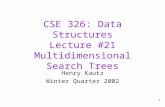 1 CSE 326: Data Structures Lecture #21 Multidimensional Search Trees Henry Kautz Winter Quarter 2002.