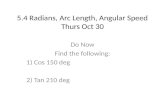 5.4 Radians, Arc Length, Angular Speed Thurs Oct 30 Do Now Find the following: 1) Cos 150 deg 2) Tan 210 deg.