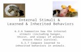 Internal Stimuli & Learned & Inherited Behaviors 6.3.6 Summarize how the internal stimuli (including hunger, thirst, and sleep) of animals ensure their.