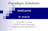 Welcome Mr. Swarner November 5, 2004 TCP/IP Packet Descriptor Requirements Specifications Paradigm Solutions.