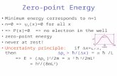 Zero-point Energy Minimum energy corresponds to n=1 n=0 =>  n (x)=0 for all x => P(x)=0 => no electron in the well zero-point energy never at rest! Uncertainty.