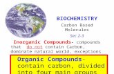 Inorganic Compounds - compounds that do not contain Carbon, dominate natural world, exceptions are CO & CO 2 Organic Compounds- contain carbon, divided.