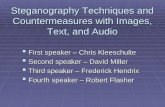 Steganography Techniques and Countermeasures with Images, Text, and Audio  First speaker – Chris Kleeschulte  Second speaker – David Miller  Third speaker.