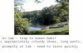 This week in lab - trip to Green Oaks! - dress appropriately (sturdy shoes, long pants, etc.) Arrive promptly at lab - need to leave quickly.