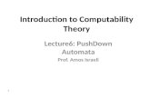 1 Introduction to Computability Theory Lecture6: PushDown Automata Prof. Amos Israeli.