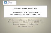 POSTGRADUATE MOBILITY Professor G R Tomlinson University of Sheffield, UK 4 th International Conference on Postgraduate Education (ICPE-4) Kuala Lumpur,