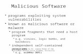 Malicious Software programs exploiting system vulnerabilities known as malicious software or malware program fragments that need a host program e.g. viruses,