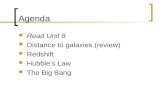 Agenda Read Unit 8 Distance to galaxies (review) Redshift Hubble’s Law The Big Bang.