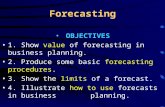 Forecasting OBJECTIVES 1. Show value of forecasting in business planning. 2. Produce some basic forecasting procedures. 3. Show the limits of a forecast.