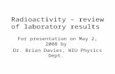 Radioactivity – review of laboratory results For presentation on May 2, 2008 by Dr. Brian Davies, WIU Physics Dept.