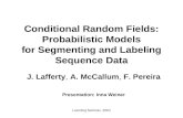Learning Seminar, 2004 Conditional Random Fields: Probabilistic Models for Segmenting and Labeling Sequence Data J. Lafferty, A. McCallum, F. Pereira Presentation:
