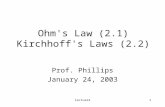 Lecture21 Ohm's Law (2.1) Kirchhoff's Laws (2.2) Prof. Phillips January 24, 2003.