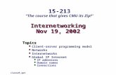 Internetworking Nov 19, 2002 Topics Client-server programming model Networks Internetworks Global IP Internet IP addresses Domain names Connections class25.ppt.