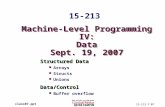 Machine-Level Programming IV: Data Sept. 19, 2007 Structured Data Arrays Structs UnionsData/Control Buffer overflow class07.ppt 15-213 15-213 F’07.