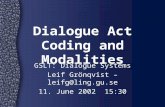 Dialogue Act Coding and Modalities GSLT: Dialogue Systems Leif Grönqvist – leifg@ling.gu.se 11. June 2002 15:30.