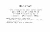 Habitat “the resources and conditions present in an area that affect occupancy by a species” (Morrison 2002) More than floristic composition Structure,