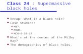 Class 24 : Supermassive black holes Recap: What is a black hole? Case studies: M87. M106. MCG-6-30-15. What’s at the center of the Milky Way? The demographics.