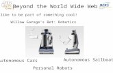 Beyond the World Wide Web Willow Garage’s Bet: Robotics We like to be part of something cool! Personal Robots Autonomous Sailboats Autonomous Cars.