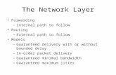 The Network Layer Forwarding –Internal path to follow Routing –External path to follow Models –Guaranteed delivery with or without bounded delay –In-order.