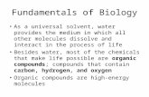 Fundamentals of Biology As a universal solvent, water provides the medium in which all other molecules dissolve and interact in the process of life Besides.