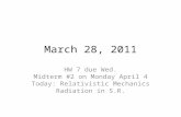 March 28, 2011 HW 7 due Wed. Midterm #2 on Monday April 4 Today: Relativistic Mechanics Radiation in S.R.