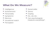 What Do We Measure? Intelligence Achievement Personality Symptoms Memory Vocational match Perception Social skills Stress Coping Etc, etc etc. Can psychologists.