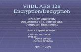 VHDL AES 128 Encryption/Decryption Bradley University Department of Electrical and Computer Engineering Advisor: Dr. Vinod Prasad David Leifker Gentre.