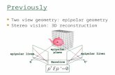 Previously Two view geometry: epipolar geometry Stereo vision: 3D reconstruction epipolar lines Baseline O O’ epipolar plane.