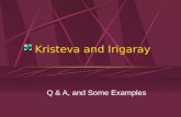 Kristeva and Irigaray Q & A, and Some Examples. Q & A What is feminine writing according to Irigaray? Examples? What is the semiotic for Kristeva? How.