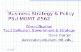 6/27/20151 Business Strategy & Policy PSU MGMT #562 Dave Garten daveoutside@alum.mit.edu Diversification Tacit Collusion, Government & Strategy.
