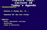 Physics 1502: Lecture 28 Today’s Agenda Announcements: –Midterm 2: Monday Nov. 16 … –Homework 08: due next Friday Optics –Waves, Wavefronts, and Rays.