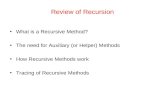 Review of Recursion What is a Recursive Method? The need for Auxiliary (or Helper) Methods How Recursive Methods work Tracing of Recursive Methods.