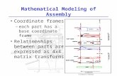 Mathematical Modeling of Assembly Coordinate frames –each part has a base coordinate frame Relationships between parts are expressed as 4x4 matrix transforms.