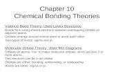 Chapter 10 Chemical Bonding Theories Valence Bond Theory: Uses Lewis Structures Bonds form using shared electrons between overlapping orbitals on adjacent.