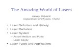 The Amazing World of Lasers Alexey Belyanin Department of Physics, TAMU Laser Definition and History Laser Radiation Laser System –Active Medium and Pump.