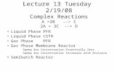 Lecture 13 Tuesday 2/19/08 Complex Reactions A +2B --> C 2A + 3C --> D Liquid Phase PFR Liquid Phase CSTR Gas Phase PFR Gas Phase Membrane Reactor Sweep.